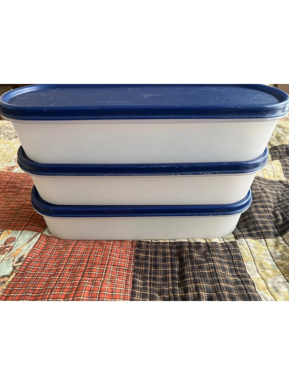 Set of 3 Tupperware Blue and White Plastic Storage Containers with Lids